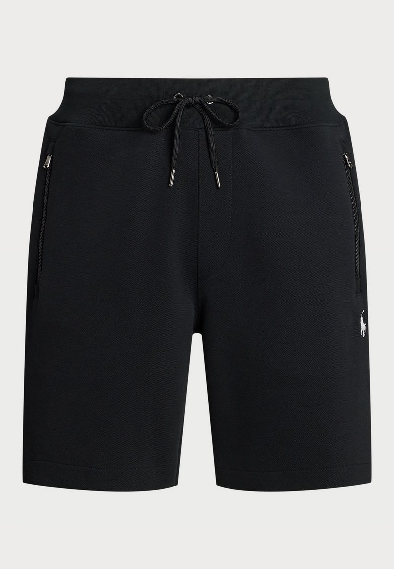 Schwarze Sportshorts aus strukturiertem Stoff, mit einem Kordelzugbund, seitlichen Reißverschlusstaschen und einem kleinen Logo-Akzent.