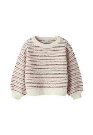 Pull en maille crème avec des rayures horizontales roses et grises, manches longues bouffantes et bords-côtes aux poignets et à l'ourlet.