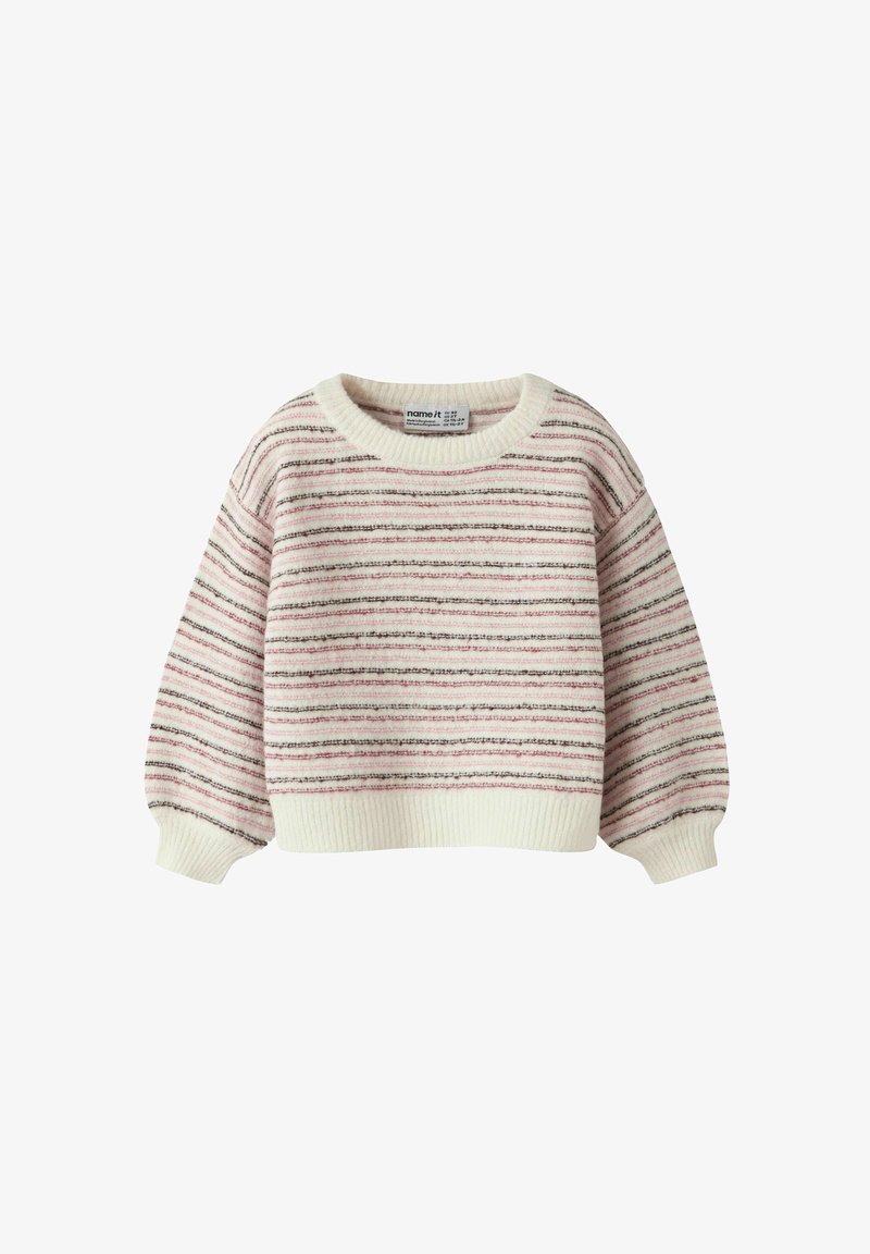 Pull en maille crème avec des rayures horizontales roses et grises, manches longues bouffantes et bords-côtes aux poignets et à l'ourlet.