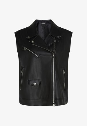 Must musta ilma varrukatega vest, millel on sälguga krae, mitmed lukuga taskud ja hõbedased detailid. Sile tekstuur, keha poolest sobiv kuju.