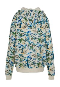 Sudadera con capucha de base crema, que presenta un estampado de plantas tropicales en verde, azul y amarillo. Puños y dobladillo acanalados. Patrón de fondo evidente.