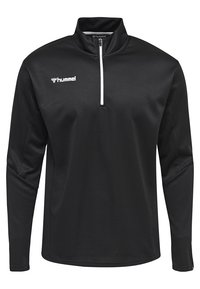 Pullover nero a maniche lunghe con collo a mezza zip, realizzato in tessuto testurizzato; presenta un logo bianco sul petto e polsini a costine.