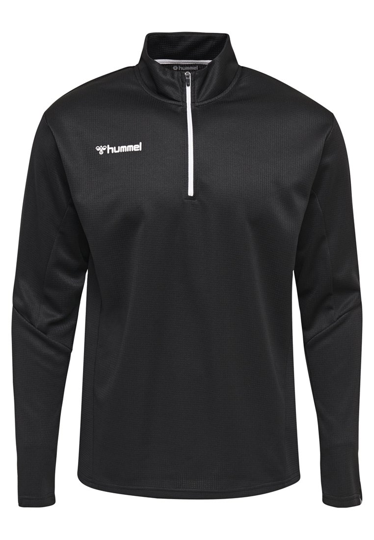 Pullover nero a maniche lunghe con collo a mezza zip, realizzato in tessuto testurizzato; presenta un logo bianco sul petto e polsini a costine.