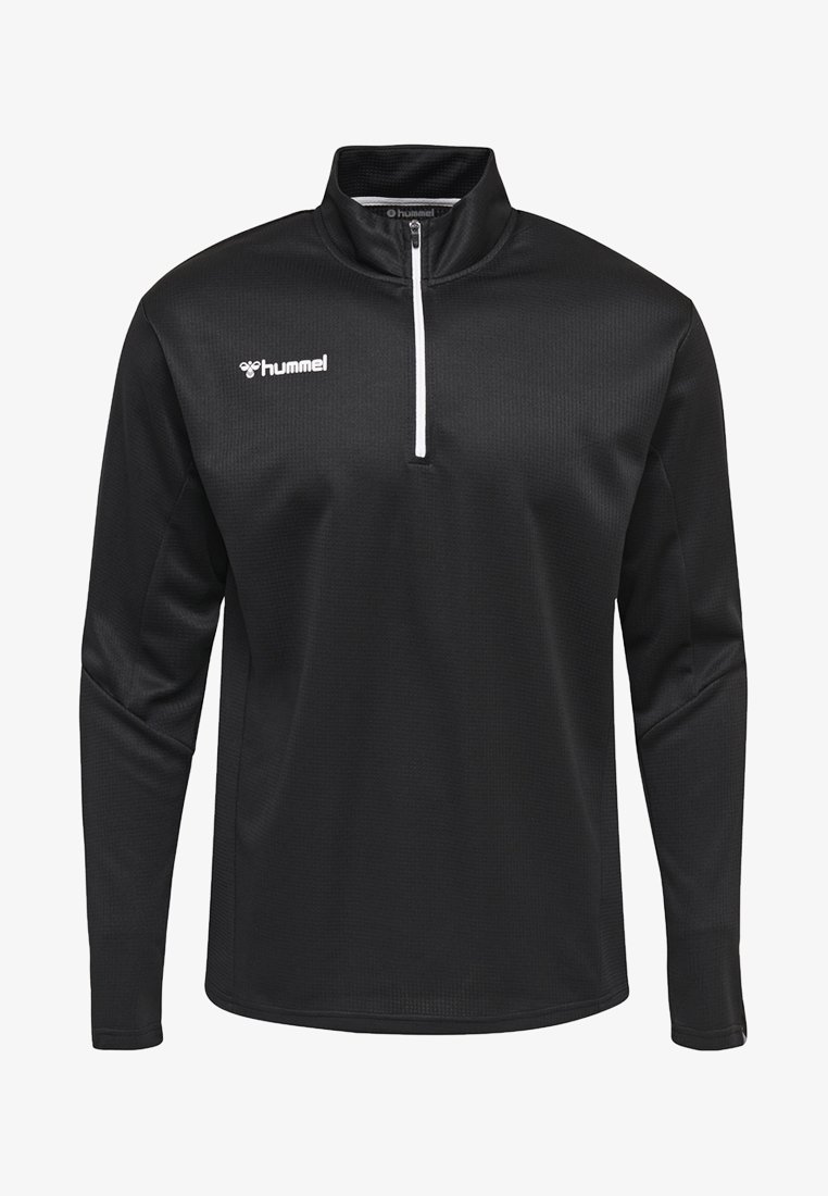 Pullover nero a maniche lunghe con collo a mezza zip, realizzato in tessuto testurizzato; presenta un logo bianco sul petto e polsini a costine.