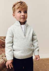 Lysegrå striktrøje med lynlåslukning ved høj krave og ribbede manchetter, kombineret med mørke bukser; har en spraglet tekstur.