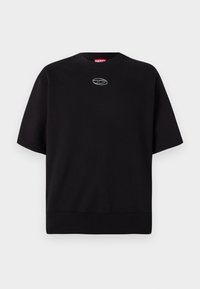 Sweatshirt noir en coton à manches courtes avec un col rond et un ourlet côtelé, arborant un petit logo métallique au centre avant.