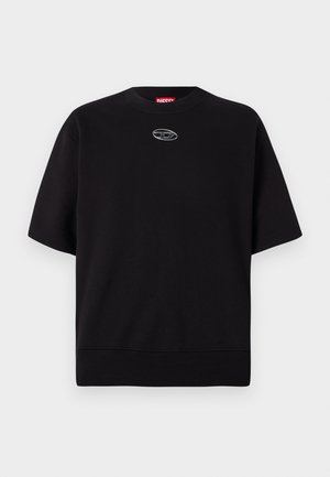 Korte mouwen zwarte katoenen sweatshirt met een ronde halslijn en een geribbelde onderrand, met een klein metallic logo op het midden voor.