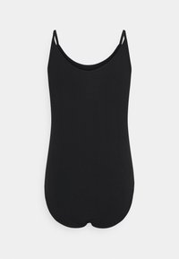 Svart ärmlös bodysuit med rundad halsringning och tunna axelremmar. Slät, elastisk tyg och figurnära passform.