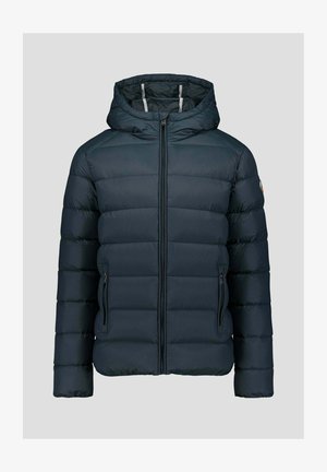 Donkerblauwe gewatteerde jas met capuchon, voorzien van horizontale stiksels, een ritssluiting aan de voorkant en twee zijzakken. Gemaakt van lichtgewicht, geïsoleerd materiaal.