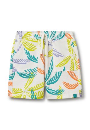 White shorts with a colorful leaf pattern in green, blue, orange, and purple. Features an elastic waistband and drawstring.