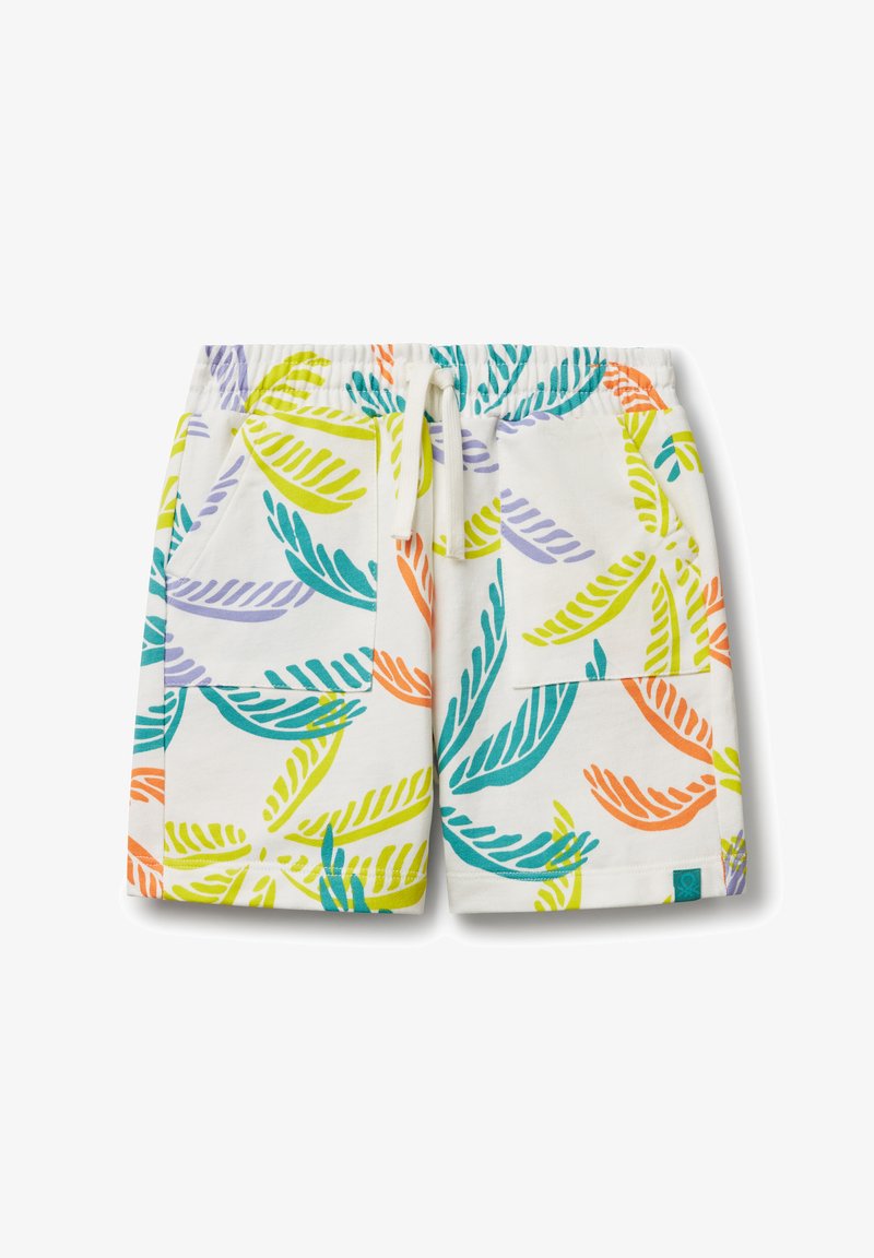 Witte shorts met een kleurrijk bladerenpatroon in groen, blauw, oranje en paars. Beschikt over een elastische tailleband en een trekkoord.