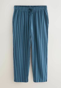 Tumši zilas pidžamu bikses ar vertikālām gaiši zilām svītrām, elastīga josta un saite. Iekļautas divas sānu kabatas. Mīksts auduma tekstūras.