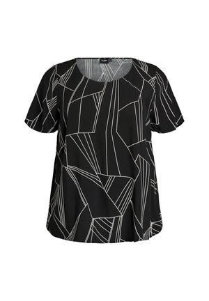 Černá krátký rukáv halenka s bílými geometrickými úhlovými vzory a kulatým výstřihem.