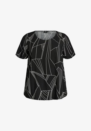 Schwarze Bluse mit kurzen Ärmeln, weißen geometrischen kantigen Linienmustern und rundem Ausschnitt.