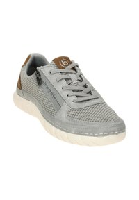 Scarpa sportiva grigia con tomaia in rete testurizzata, dettagli in pelle e suola bianca ammortizzata. Presenta lacci e dettagli con logo.