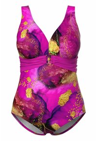 Maillot de bain une pièce avec un décolleté en V profond, une taille froncée et un motif marbré abstrait rose, violet et or, fermé au centre devant.