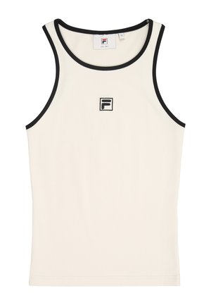 Witte geribde tanktop met zwarte bies, met een klein geborduurd logo in het midden van de borst. Materiaal lijkt zacht en aansluitend.