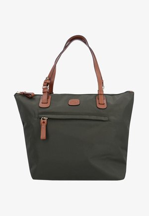 Borsa tote in nylon blu navy con manici in pelle marrone, chiusura zip, tasca frontale e patch con logo. Texture liscia e interno spazioso.