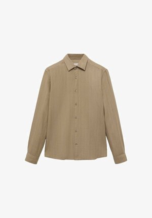 Bež košulja dugih rukava s ovratnikom na dugme, koja sadrži vertikalne pruge, standardni kroj i pet dugmadi sprijeda.