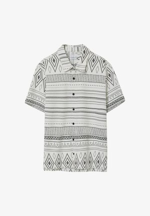 Camicia a maniche corte con bottoni di colore bianco, caratterizzata da motivi geometrici neri, con colletto classico e cinque bottoni lungo il davanti.