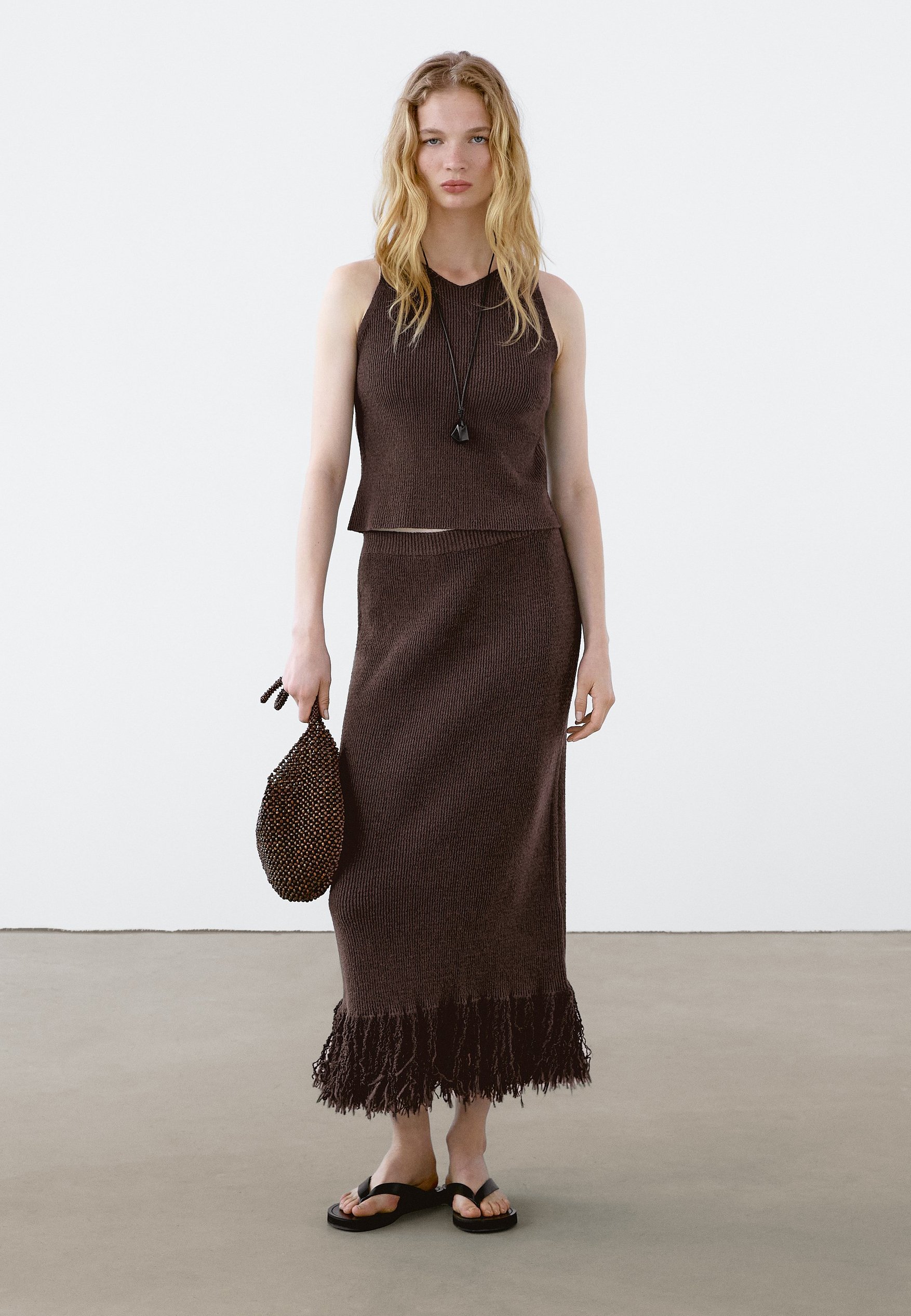 Massimo Dutti WITH FRINGED HEM - Maxi skirt - mottled dark