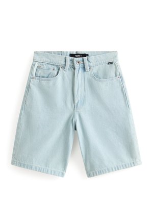 Shorts in denim azzurro chiaro con tasche frontali, passanti per cintura, chiusura con bottone e etichetta del marchio Vans sopra la cerniera.