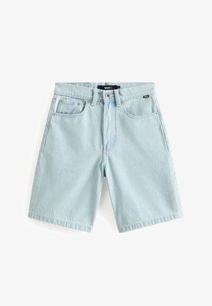 Lichtblauwe denim shorts met voorzakken, riemlussen, knoopsluiting en Vans merkembleem boven de rits.