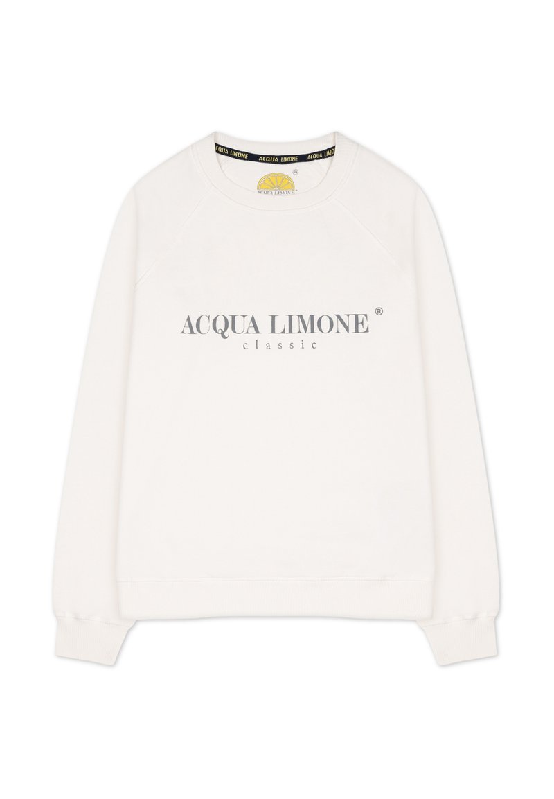 Vit sweatshirt med rund halsringning och raglanärmar. Texten på framsidan lyder "ACQUA LIMONE classic" i grått. Mjukt tyg.