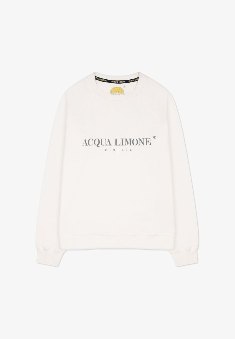 Vit sweatshirt med rund halsringning och raglanärmar. Texten på framsidan lyder "ACQUA LIMONE classic" i grått. Mjukt tyg.