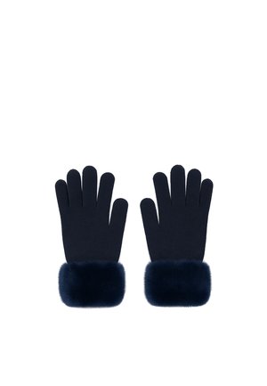 Pair of navy blue gloves with soft, dark fur cuffs, laid flat with fingers extended on a white background.