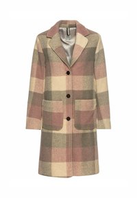 Wollen mix jas met een geruit patroon in tinten roze, crème en groen, met een omgeslagen kraag, voorkeurszakken en donkere knopen.