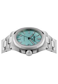 Silver stainless steel watch with a textured turquoise dial, silver hour markers, and a date display, featuring a round case and linked bracelet.