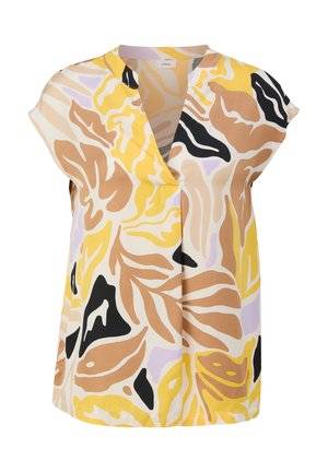 Kurzarm-Bluse mit V-Ausschnitt aus leichtem Stoff, der mit einem auffälligen Blumenmuster in Gelb, Braun, Schwarz und Lavendel-Tönen versehen ist.