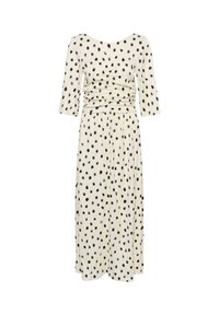 Robe midi couleur crème avec des pois noirs irréguliers, manches trois-quarts, taille froncée et encolure ronde.