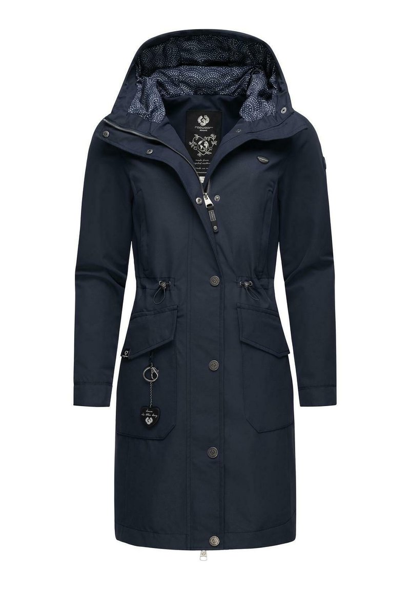 Marinblå vattentät jacka med huva, dragkedja och knäppning med knappar. Har två framfickor, snörning i midjan och mönstrat innerfoder.