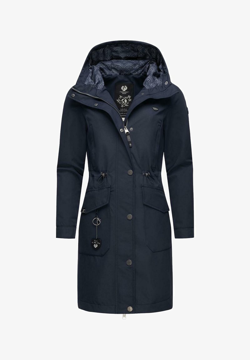 Marinblå vattentät jacka med huva, dragkedja och knäppning med knappar. Har två framfickor, snörning i midjan och mönstrat innerfoder.