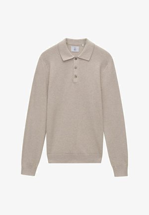 Beige ribstrikket pullover med flad krave, tre-knap lukning og lange ærmer. Tekstureret stof med tætsiddende kant og manchetter.