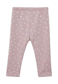 Leggings lilas clairs en tissu doux, dotés d'un motif de pois blancs. Taille élastique et détails de couture à l'ourlet.