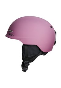 Roxy ski helmet in matte light pink. Features a smooth, rounded shape, adjustable straps, and a black liner for comfort and safety.