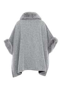Grijze poncho met een houndstooth patroon, met een kraag en manchetten van bont, losse pasvorm en zachte textuur. Beschikbaar in een gestructureerde stof.