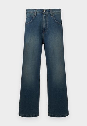 Blauwe wijd-uitlopende jeans met hoge taille, voor- en achterzakken, knopenluiting en subtiele vervaging op de dijen en knieën.