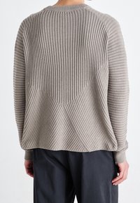 Hellgrauer, gerippter Pullover mit geometrischem Muster auf dem Rücken, langen Ärmeln und Rundhalsausschnitt. Weiche Textur.