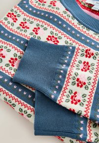 Gebreide trui met een bloemmotief in rode, roze en groene tinten, accentueerd met blauwe strepen en geribde manchetten in een zachte textuur.