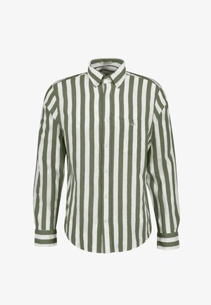 Grün-weiß gestreiftes Langarmshirt mit Button-Down-Kragen, einer Brusttasche und einem lockeren Schnitt. Hergestellt aus leichtem Stoff.