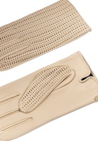 Beige leather gloves featuring perforated design on the back, smooth texture on the palms, and a curved cut at the wrist. Gold accent hardware.