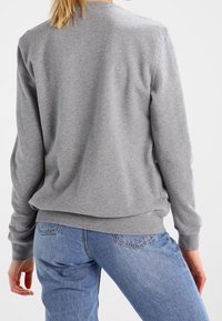 Grå sweatshirt med rund hals, ribbade ärmslut och midja. Materialet verkar mjukt och avslappnat, parat med ljusblå jeans.