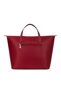 Grande borsa a tracolla rossa con manici superiori e una tasca con zip orizzontale sul lato anteriore.