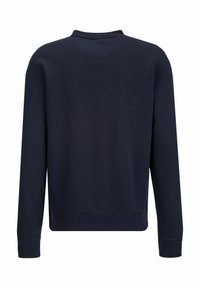 Marineblauwe sweatshirt met lange mouwen, een ronde halslijn en ribbelmanchetten en -zoom; gemaakt van zachte stof met een gladde textuur.