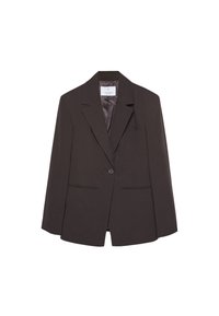 Hnědý blazer s klopou, zapínání na jeden knoflík a strukturovanými rameny. Obsahuje dvě přední kapsy a hladké vnitřní podšívání.