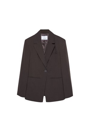 Blazer marron avec un col cranté, fermeture à un seul bouton et épaules structurées. Comprend deux poches avant et une doublure intérieure lisse.